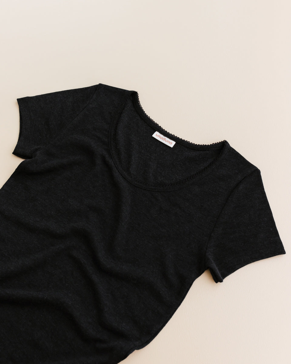 Women's shirt short sleeves pointelle wool:silk - ebony